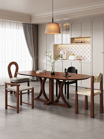 The ancient home dining room dining table and chairs combination wine cabinet chandelier 3d model