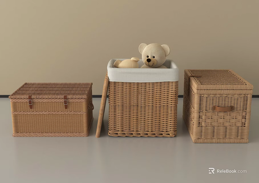 Three Woven Rattan Storage Baskets with Teddy Bear in Middle for Home Organizing 3d model 