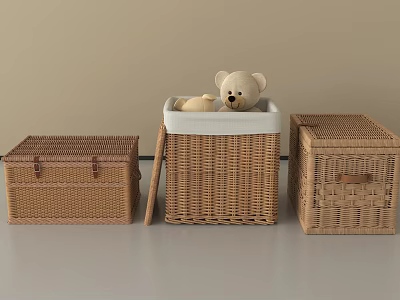 Three Woven Rattan Storage Baskets with Teddy Bear in Middle for Home Organizing 3d model