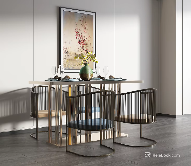 Modern Minimalist Dining Table Set With Chairs Vase Flowers And Decorative Painting 3d model 