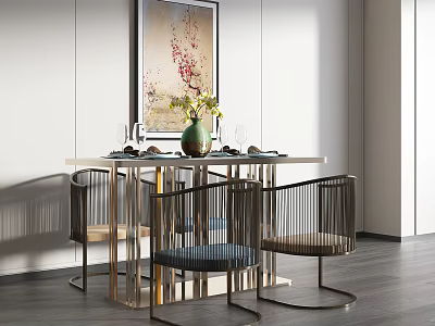 Modern Minimalist Dining Table Set With Chairs Vase Flowers And Decorative Painting 3d model