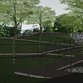 Scenic Park Landscape With Green Trees Lush Grass And Wooden Pathway With Railings
