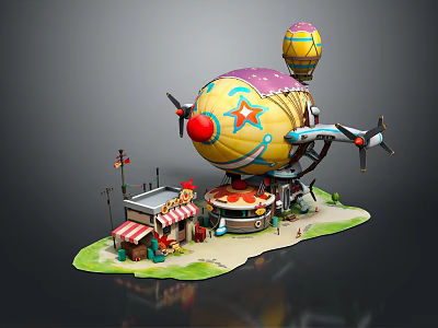Vibrant Cartoon Scene With Colorful Airship Star Patterns Small Shops And Hot Air Balloon 3d model