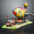 Vibrant Cartoon Scene With Colorful Airship Star Patterns Small Shops And Hot Air Balloon