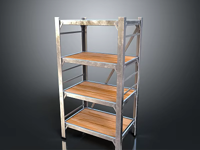 Silver Metal Frame Multi Tier Storage Rack With Wooden Shelves And Dark Background 3d model