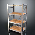 Silver Metal Frame Multi Tier Storage Rack With Wooden Shelves And Dark Background