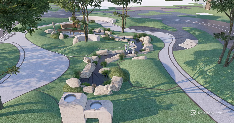 Outdoor Children's Play Area With Natural Grass Trees Stones Water Features And Curved Paths 3d model 