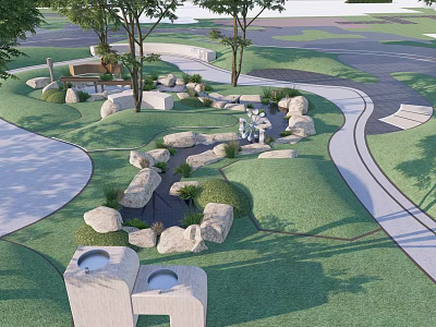 Outdoor Children's Play Area With Natural Grass Trees Stones Water Features And Curved Paths 3d model