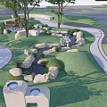 Outdoor Children's Play Area With Natural Grass Trees Stones Water Features And Curved Paths