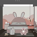 Cozy Kids Room Interior With Pink Rabbit Ear Headboard Stuffed Teddy Bear Desk Chair Backpack