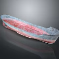 Vintage Wooden Boat With Blue Red Worn Appearance On Gray Background Reflection