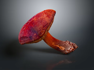 Vibrant Red Mushroom with Textured Cap Orange Stem and Reflection on Gray Background 3d model