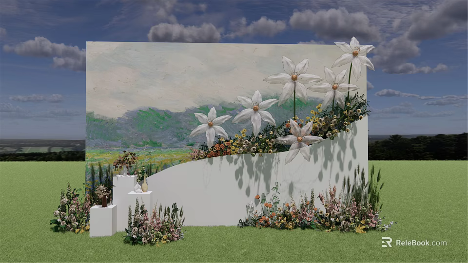 Outdoor Floral Backdrop With Large White Flowers Surrounding Plants Grassland And Sky Clouds 3d model 