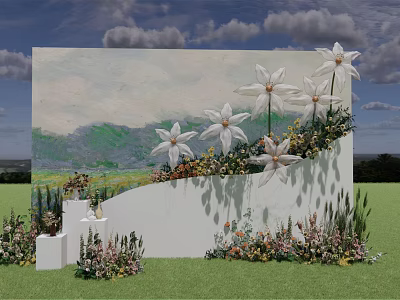 Outdoor Floral Backdrop With Large White Flowers Surrounding Plants Grassland And Sky Clouds 3d model