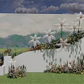Outdoor Floral Backdrop With Large White Flowers Surrounding Plants Grassland And Sky Clouds