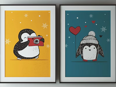 Two Cute Penguin Art Prints With Yellow Blue Backgrounds Camera Balloon And Snowflakes 3d model
