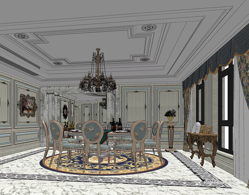 Elegant Private Dining Box Interior With Chandelier Round Table Chairs And Decorative Rug 3d model 