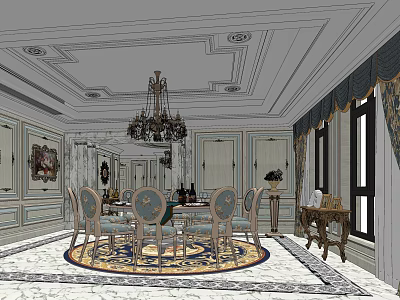 Elegant Private Dining Box Interior With Chandelier Round Table Chairs And Decorative Rug 3d model