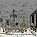 Elegant Private Dining Box Interior With Chandelier Round Table Chairs And Decorative Rug