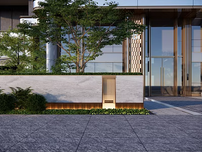 Modern Feature Wall Design With Green Plants Lighting And Stone Paving At Building Entrance 3d model