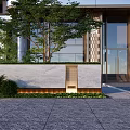 Modern Feature Wall Design With Green Plants Lighting And Stone Paving At Building Entrance