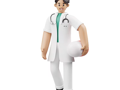 Professional Male Doctor Wearing White Coat with Stethoscope Holding Medical Helmet 3d model