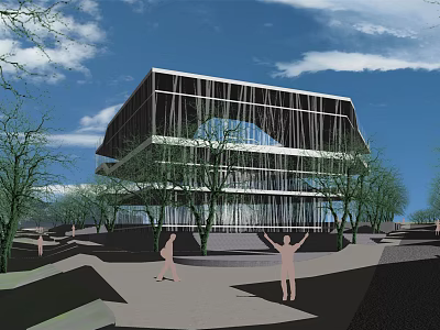 Modern Commercial Complex With Contemporary Architectural Design Glass Curtain Walls Surrounding Trees Pedestrian Plaza Area 3d model