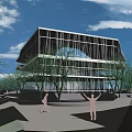 Modern Commercial Complex With Contemporary Architectural Design Glass Curtain Walls Surrounding Trees Pedestrian Plaza Area