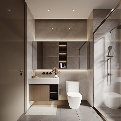 Modern Minimalist Bathroom Interior With Vanity Mirror Toilet And Shower 3d model