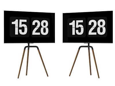 Two Televisions on Wooden Tripod Stands Showing Time 1528 on Screen 3d model