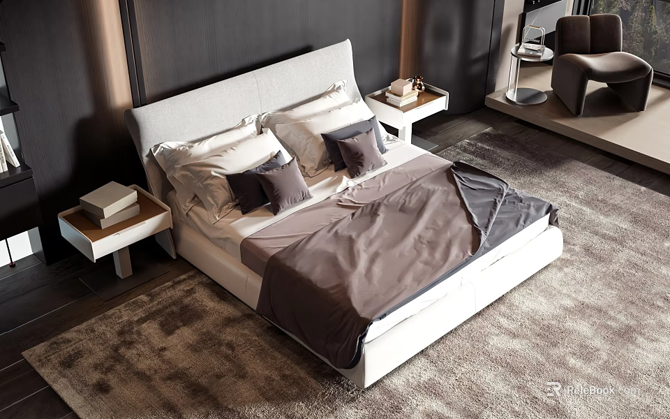 Modern Double Bed With Light Gray Headboard White Dark Gray Bedding Nightstands And Soft Rug 3d model 
