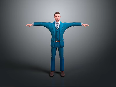 Man in Blue Suit Standing with Arms Outstretched Against Gray Background 3d model