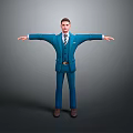Man in Blue Suit Standing with Arms Outstretched Against Gray Background