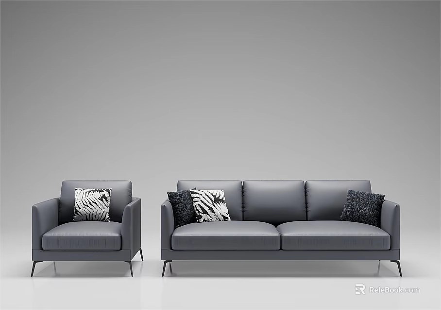 Modern Gray Leather Sofa Set With Three Seater Sofa Armchair and Patterned Cushions 3d model