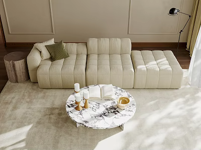 Beige Modular Sofa and Round Marble Top Coffee Table Set in Modern Living Room 3d model