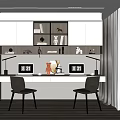 Modern Study Room Interior With Long Desk Two Chairs Display Shelves And Decorative Lamps