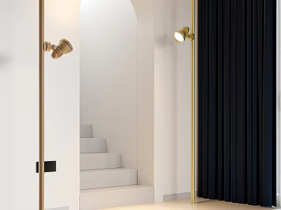 Modern Minimalist Gold Downlights Spotlights Illuminate White Wall Staircase with Black Curtain 3d model