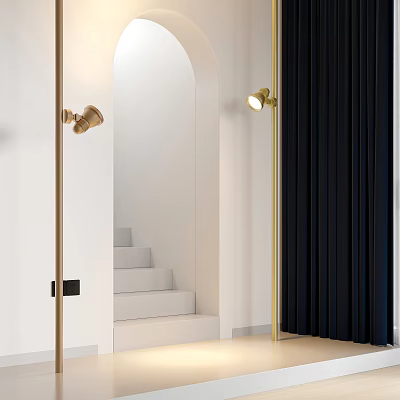 Modern Minimalist Gold Downlights Spotlights Illuminate White Wall Staircase with Black Curtain 3d model