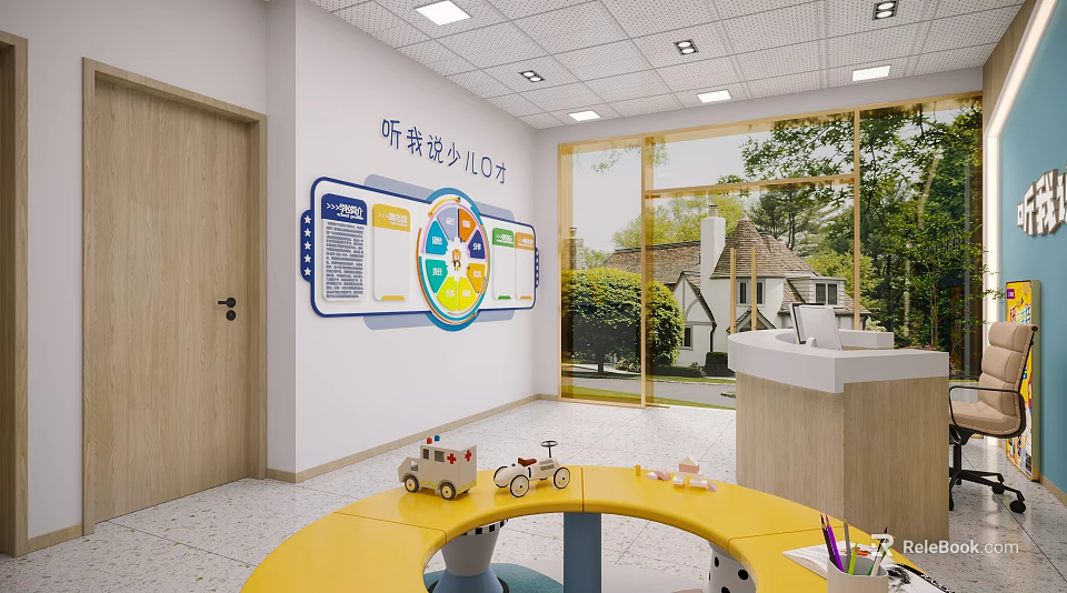 Kindergarten Interior With Colorful Educational Display Board Yellow Round Table Toys Large Windows And Natural Light 3d model 