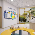 Kindergarten Interior With Colorful Educational Display Board Yellow Round Table Toys Large Windows And Natural Light