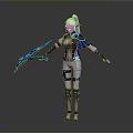 Elf Woman in Futuristic Tech Inspired Outfit Holding Blue Bow with Cape and Armor