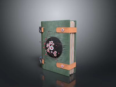 Green Electronic Notebook With Leather Straps And Black Circular Pattern Design 3d model