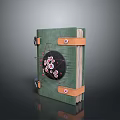 Green Electronic Notebook With Leather Straps And Black Circular Pattern Design