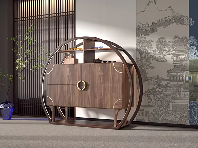 Traditional Chinese Curio Cabinet With Walnut Wood Circular Frame And Landscape Painting Backdrop 3d model