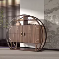 Traditional Chinese Curio Cabinet With Walnut Wood Circular Frame And Landscape Painting Backdrop