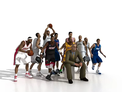 Group of basketball players in various team uniforms with coach sitting and others standing 3d model