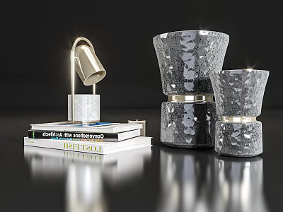 Modern Decorative Ornament Set With Gray Textured Vases Gold Accented Table Lamp And Stacked Books 3d model