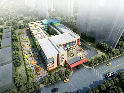 Modern Multi Story School Building With Colorful Facade Surrounded by Trees and Parking Area 3d model