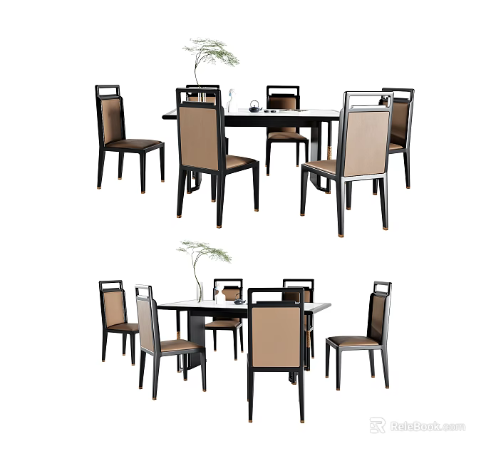 Stylish Modern Dining Table Set with Upholstered Chairs and Decorative Plant 3d model