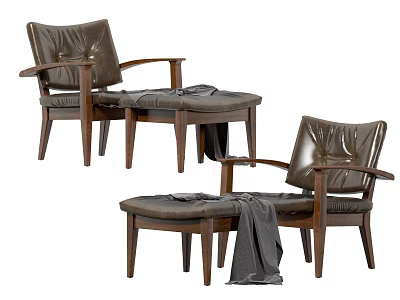 Modern Leisure Chair With Leather Upholstery Wooden Frame Ottoman And Throw Blanket 3d model